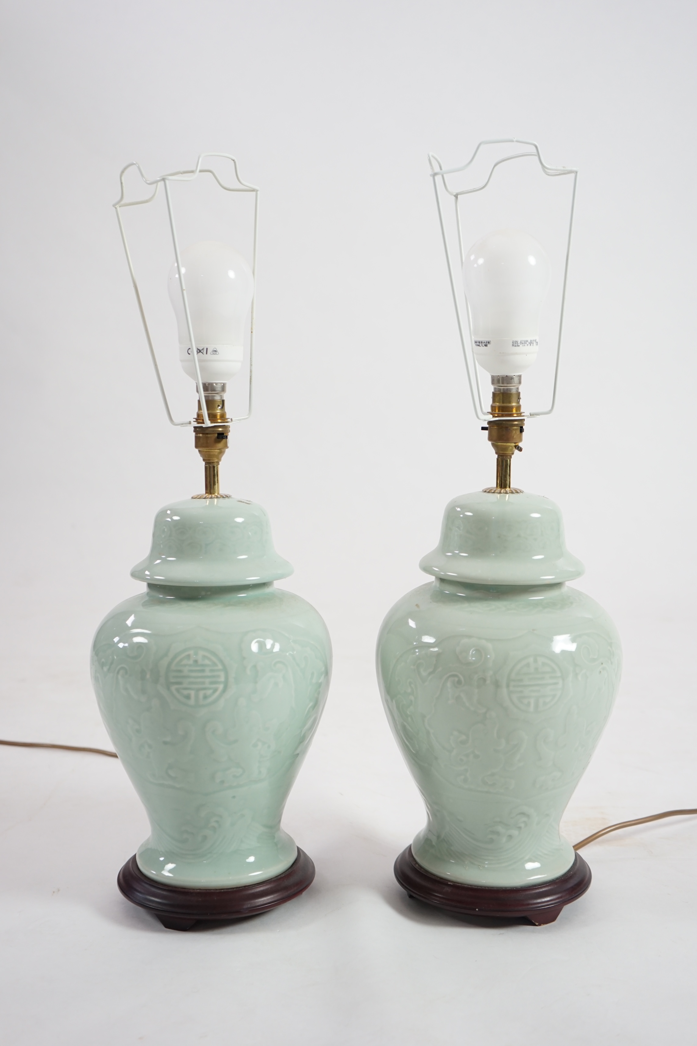 A pair of modern Chinese celadon glazed table lamps